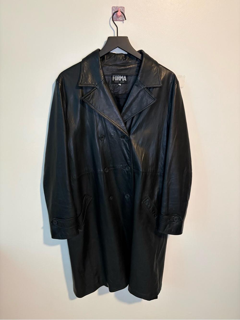 Vintage Black Genuine Buttery Forma Leather Double-Breasted Trench Coat Size 12